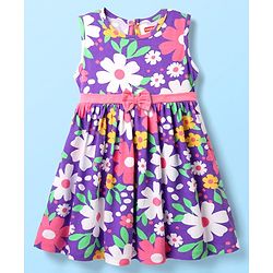 Babyhug Single Jersey Knit Sleeveless Frock & Bloomer with Floral Print & Bow Applique - Purple
