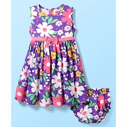Babyhug Single Jersey Knit Sleeveless Frock & Bloomer with Floral Print & Bow Applique - Purple
