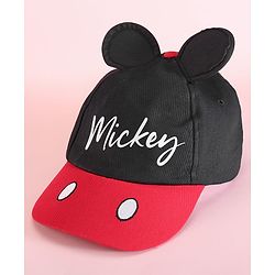 Babyhug Disney 100% Cotton Summer Cap With With Mickey Mouse Graphics And 3D Ear Red & Black - Diameter 53.5 cm
