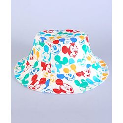 Babyhug Disney Cotton Woven Summer Cap With Mickey Mouse Family Print White - Diameter 16 cm
