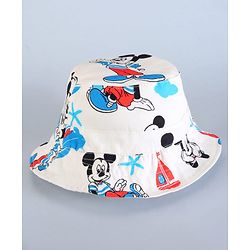 Babyhug Disney Cotton Woven Summer Cap With Mickey Mouse Family Print White - Diameter 16 cm