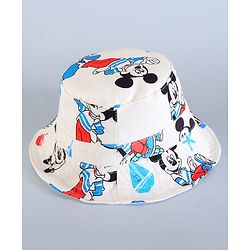 Babyhug Disney Cotton Woven Summer Cap With Mickey Mouse Family Print White - Diameter 16 cm