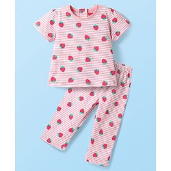 Babyhug Cotton Knit Half Sleeves Striped Co-ords Night Suit with Strawberry Print - Pink
