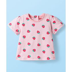 Babyhug Cotton Knit Half Sleeves Striped Co-ords Night Suit with Strawberry Print - Pink