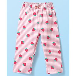 Babyhug Cotton Knit Half Sleeves Striped Co-ords Night Suit with Strawberry Print - Pink
