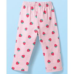 Babyhug Cotton Knit Half Sleeves Striped Co-ords Night Suit with Strawberry Print - Pink