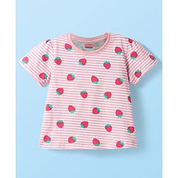 Babyhug Cotton Knit Half Sleeves Striped Co-ords Night Suit with Strawberry Print - Pink