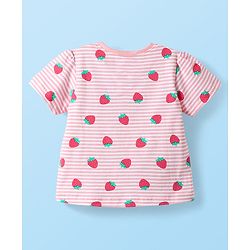 Babyhug Cotton Knit Half Sleeves Striped Co-ords Night Suit with Strawberry Print - Pink