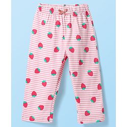 Babyhug Cotton Knit Half Sleeves Striped Co-ords Night Suit with Strawberry Print - Pink