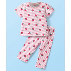 Babyhug Cotton Knit Half Sleeves Striped Co-ords Night Suit with Strawberry Print - Pink