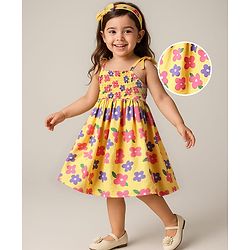 Babyhug Woven Sleeveless Rayon Printed Frock with Headband & Smocking Detailing - Yellow