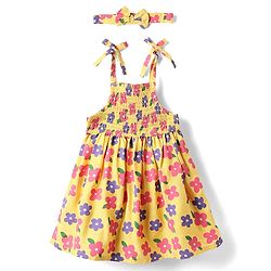 Babyhug Woven Sleeveless Rayon Printed Frock with Headband & Smocking Detailing - Yellow