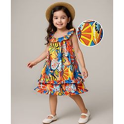 Babyhug Woven Frill Sleeves Rayon Printed Frock with Frill Detailing - Blue