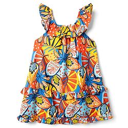 Babyhug Woven Frill Sleeves Rayon Printed Frock with Frill Detailing - Blue