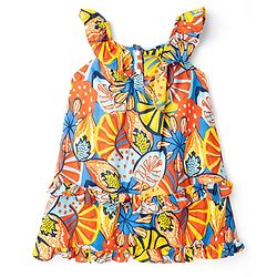 Babyhug Woven Frill Sleeves Rayon Printed Frock with Frill Detailing - Blue