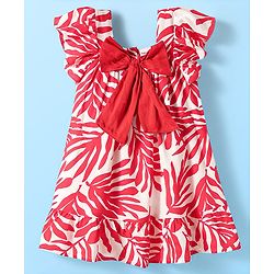 Babyhug Rayon Woven Half Sleeves Frock with Leaves Print & Bow Applique - Red