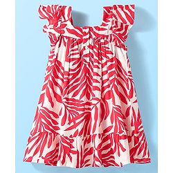 Babyhug Rayon Woven Half Sleeves Frock with Leaves Print & Bow Applique - Red