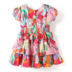 Babyhug Woven Half Sleeves Frock With Floral Print Smock Detail - Pink