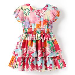 Babyhug Woven Half Sleeves Frock With Floral Print Smock Detail - Pink