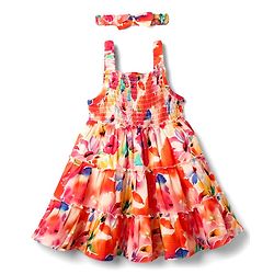 Babyhug Woven Sleeveless Frock & Headband with Smock Detailing & Floral Print - Orange