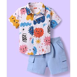 Babyhug Single Jersey Knit Half Sleeves Smiley Printed Shirt & Shorts Set - Light Blue & White
