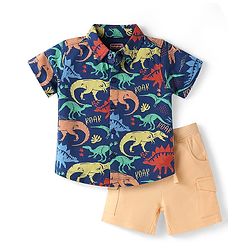 Babyhug Single Jersey Knit Half Sleeves Dino Printed Shirt & Shorts Set - Navy Blue & Beige