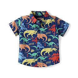 Babyhug Single Jersey Knit Half Sleeves Dino Printed Shirt & Shorts Set - Navy Blue & Beige
