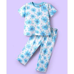 Babyhug Cotton Knit Half Sleeves Night Suit With Floral Print - Blue