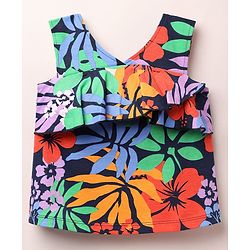 Babyhug Cotton Knit Sleeveless Top With Floral Print & Frill Detailing - Navy Blue