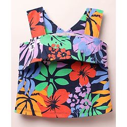 Babyhug Cotton Knit Sleeveless Top With Floral Print & Frill Detailing - Navy Blue