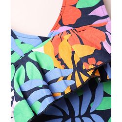 Babyhug Cotton Knit Sleeveless Top With Floral Print & Frill Detailing - Navy Blue