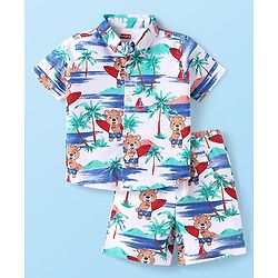 Babyhug Single Jersey Knit Half Sleeves Beach Theme Printed Co-ords Shirt & Shorts Set - White