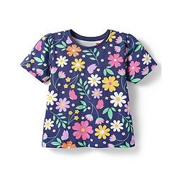 Babyhug Cotton Knit Half Sleeves Night Suit With Floral Print - Navy Blue