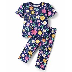 Babyhug Cotton Knit Half Sleeves Night Suit With Floral Print - Navy Blue