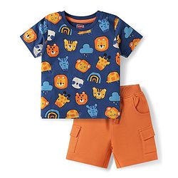 Babyhug Single Jersey Knit Half Sleeves Animal Printed T-Shirt & Shorts Set - Orange & Navy Blue