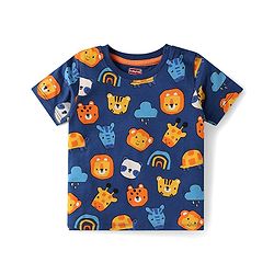 Babyhug Single Jersey Knit Half Sleeves Animal Printed T-Shirt & Shorts Set - Orange & Navy Blue
