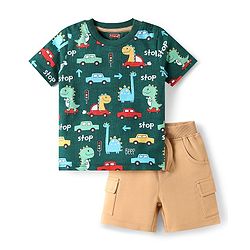 Babyhug Single Jersey Knit Half Sleeves Dino Printed T-Shirt & Shorts Set - Green & Beige