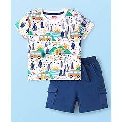 Babyhug Single Jersey Knit Half Sleeves Camping Printed T-Shirt & Shorts Set - White & Blue