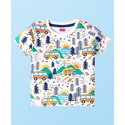 Babyhug Single Jersey Knit Half Sleeves Camping Printed T-Shirt & Shorts Set - White & Blue