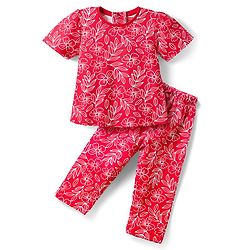 Babyhug Cotton Knit Half Sleeves Co-ords Night Suit with Floral Print - Red