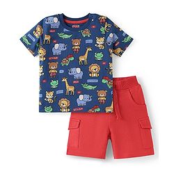 Babyhug Single Jersey Knit Half Sleeves T-Shirt & Shorts Set with Animal Print - Navy Blue & Red
