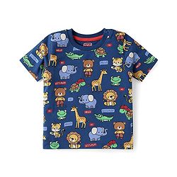Babyhug Single Jersey Knit Half Sleeves T-Shirt & Shorts Set with Animal Print - Navy Blue & Red