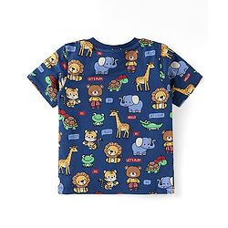 Babyhug Single Jersey Knit Half Sleeves T-Shirt & Shorts Set with Animal Print - Navy Blue & Red
