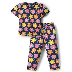 Babyhug Cotton Knit Half Sleeves Co-ords Night Suit With Floral Print - Navy Blue