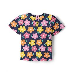 Babyhug Cotton Knit Half Sleeves Co-ords Night Suit With Floral Print - Navy Blue