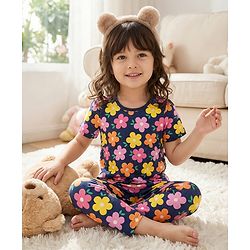 Babyhug Cotton Knit Half Sleeves Co-ords Night Suit With Floral Print - Navy Blue