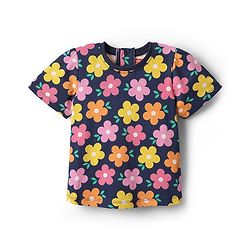 Babyhug Cotton Knit Half Sleeves Co-ords Night Suit With Floral Print - Navy Blue
