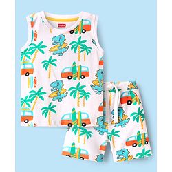 Babyhug Single Jersey Knit Sleeveless Beach Theme Printed Tank Co-ords T-Shirt & Shorts Set - White