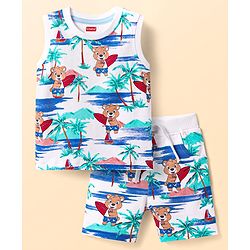 Babyhug Single Jersey Knit Sleeveless Tank T-Shirt & Shorts Co-Ord Set With Teddy Bear Print - White