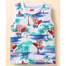 Babyhug Single Jersey Knit Sleeveless Tank T-Shirt & Shorts Co-Ord Set With Teddy Bear Print - White